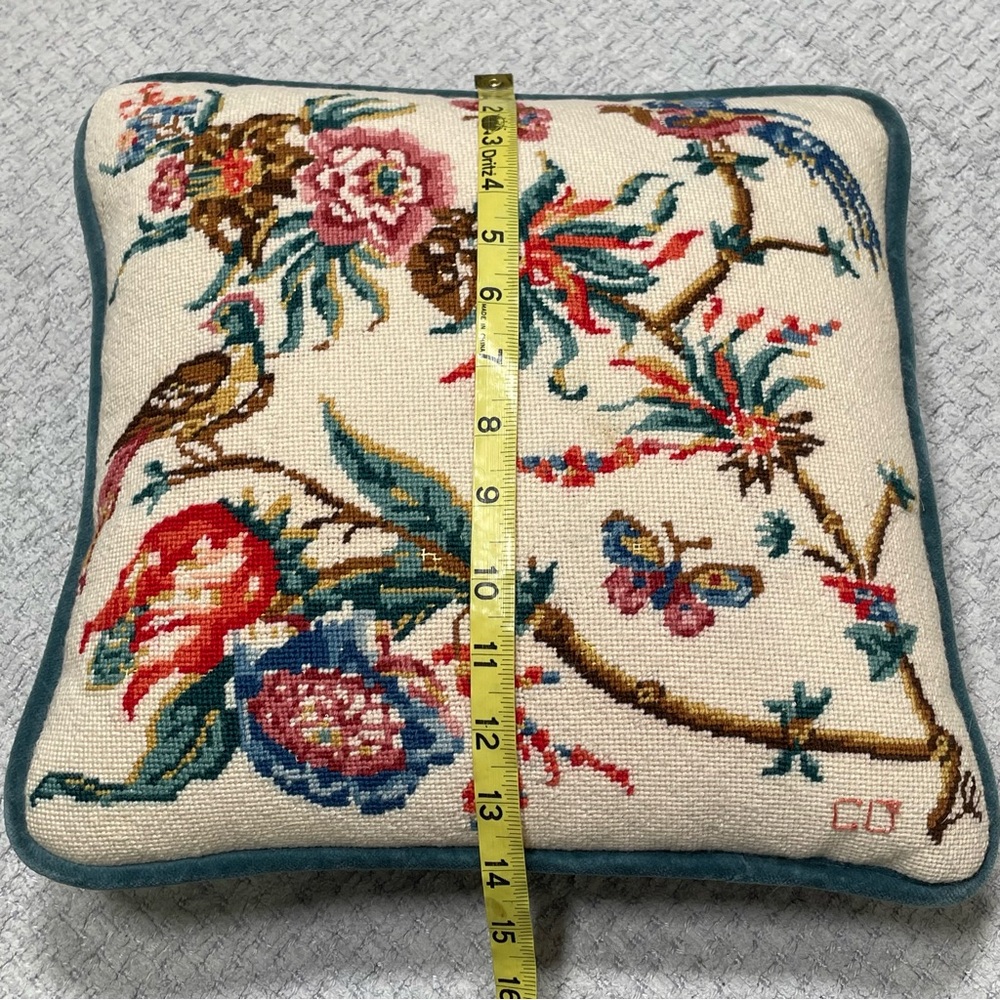 Cottagecore Floral Birds Embroidered Velvet Pillow Decor Tapestry Cream Blue - Picture 8 of 8